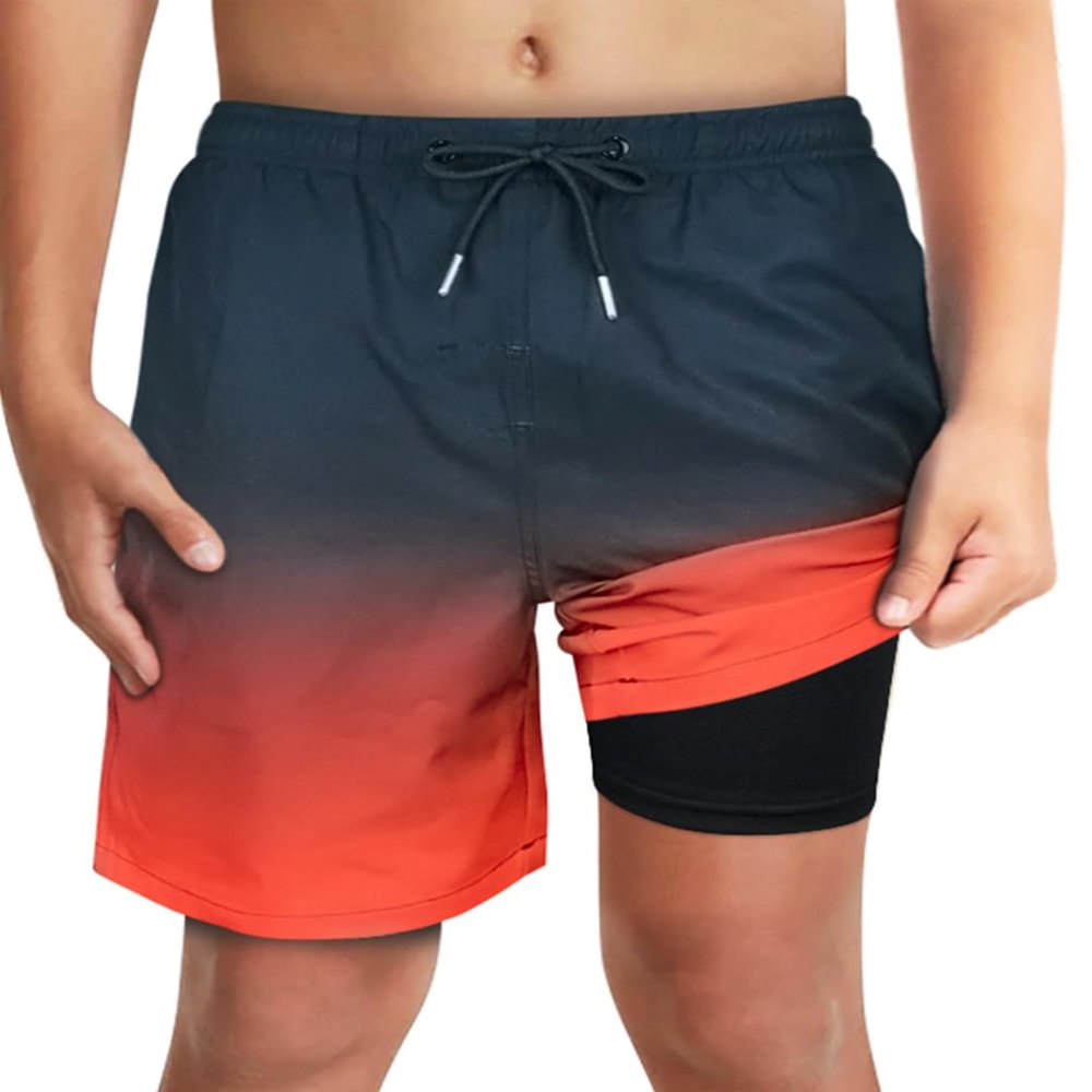 Boys Black Red Ombre Swim Trunks with Boxer Brief Liner Anti Chafe No Binding Swimming Shorts Compression Lined 4-Way Stretchy UPF Quick Dry Bathing Suit Size 14-16