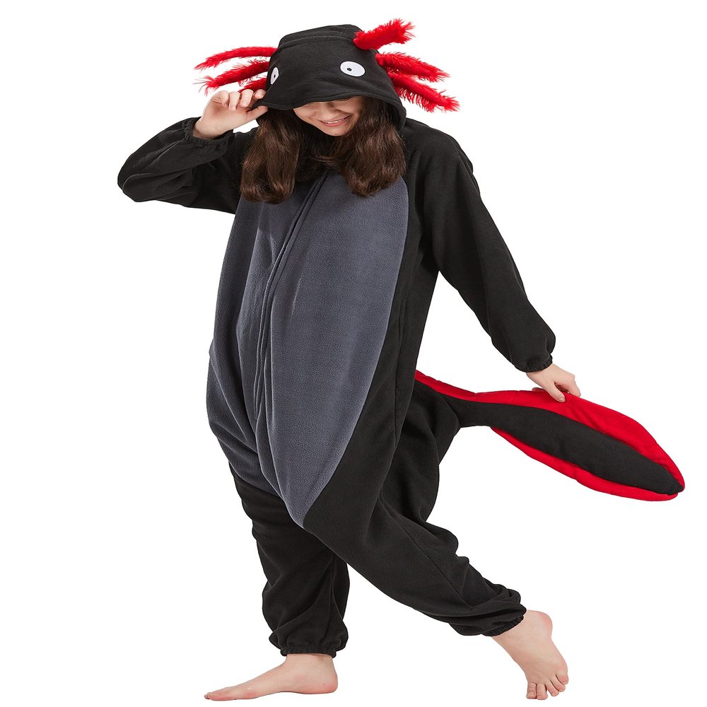 DELEY Unisex Axolotl Onesie Pajamas Cosplay Adult Animal Costume Plush Homewear Sleepwear Jumpsuit Black Axolotl