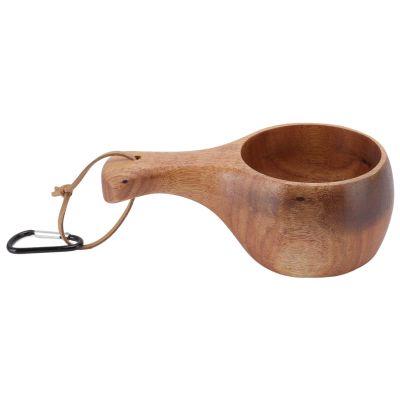 Wooden Drinking Cup Mug, Hand Polished Portable Beverage Cup for Camping Hiking Food Grade Wood Nordic Style Handle with Lanyard 1 Piece