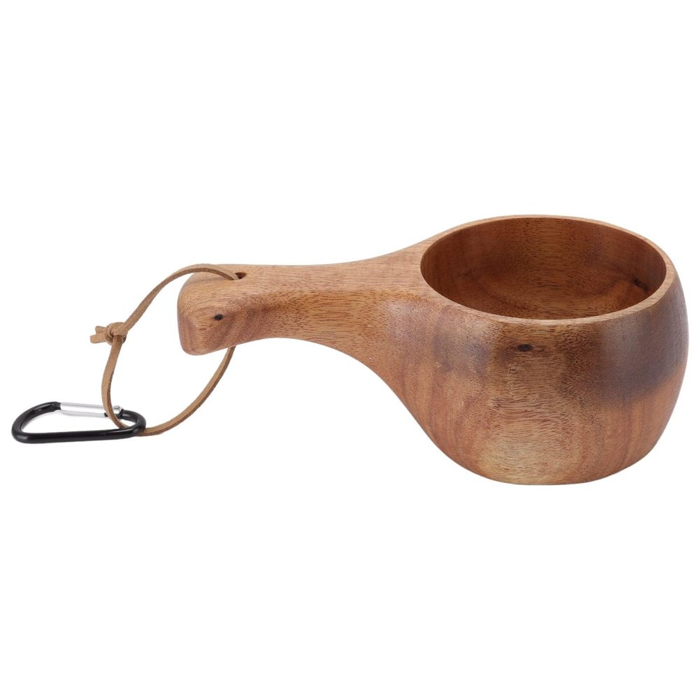 Wooden Drinking Cup Mug, Hand Polished Portable Beverage Cup for Camping Hiking Food Grade Wood Nordic Style Handle with Lanyard 1 Piece