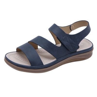 Open Toe Sandals for Women Wedge Summer Casual Round Toe Strap Hook and Loop Sandals Solid Lightweight Comfortable Outdoor Soft Sole Ladies Shoes Blue