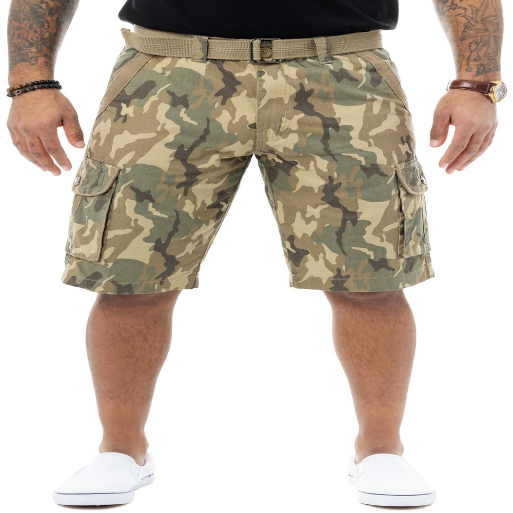 RAW X Mens Belted Cargo Shorts, Relaxed Fit Casual Knee Length Cargo Shorts for Men, Desert Camo, 40