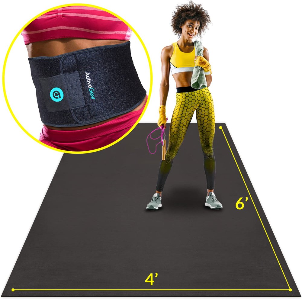 ActiveGear Waist Trimmer Belt for Stomach and Back Lumbar Support, Medium: 8" x 42" - Blue with Large Exercise Mat 6' x 4' x 7mm Ultra-Durable Non-Slip Rubber Workout Mat