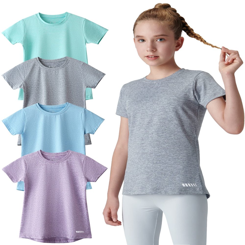 4 Pack: Youth Girls Athletic Shirts, Short Sleeve Dry Fit Apparel Tech Tshirts, Sports Activewear for Kids Teens (Set 1, Youth Small)