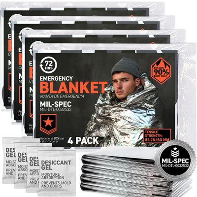 72 HRS Large Emergency Mylar Space Blankets 4-Pack, MIL-SPEC 54  88 Thermal Survival Foil  Retains 90% Body Heat, Waterproof Reflective Blanket for Camping, Hiking, Marathon, First Aid