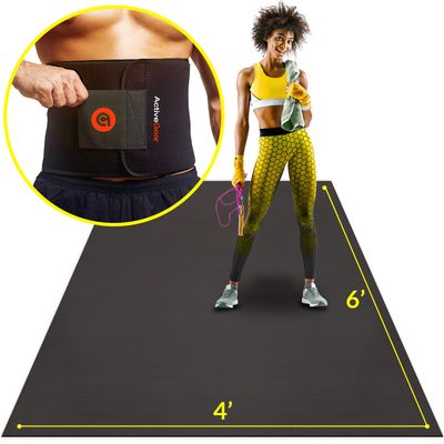 ActiveGear Waist Trimmer Belt for Stomach and Back Lumbar Support, Large: 9" x 46" - Red with Large Exercise Mat 6' x 4' x 7mm Ultra-Durable Non-Slip Rubber Workout Mat