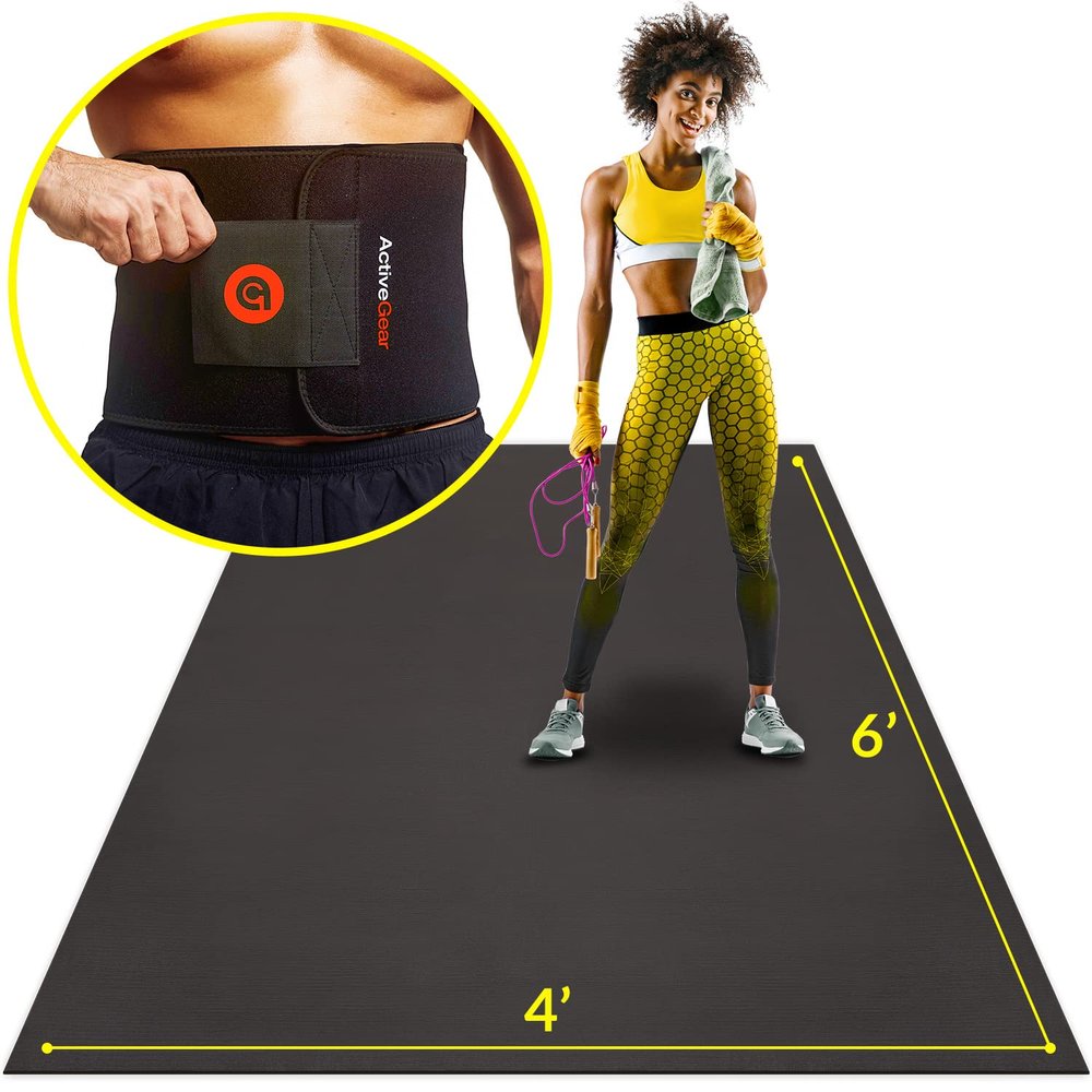 ActiveGear Waist Trimmer Belt for Stomach and Back Lumbar Support, Large: 9" x 46" - Red with Large Exercise Mat 6' x 4' x 7mm Ultra-Durable Non-Slip Rubber Workout Mat