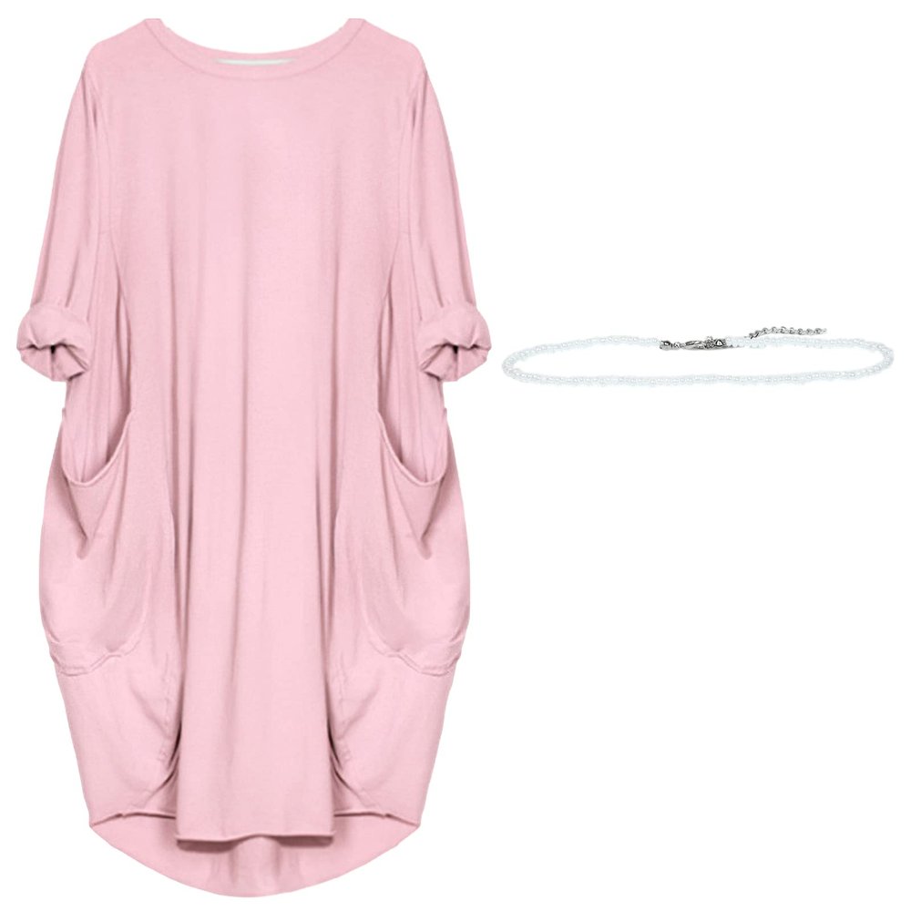 aromm Women Crew Neck T Shirt Dress Loose Casual Plus Size Midi Dress with Pockets Pink,L