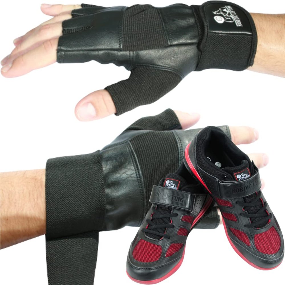Nordic Lifting Gym Gloves Small - Black Bundle with Shoes Venja Size 12 - Black Red