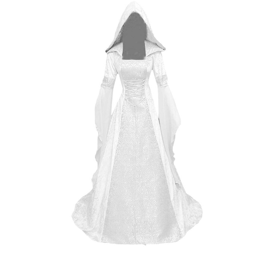 Women's Gothic Witch Dress Plus Size Hooded Floor Length Dresses Victorian Renaissance Corset Dress Halloween Costume White
