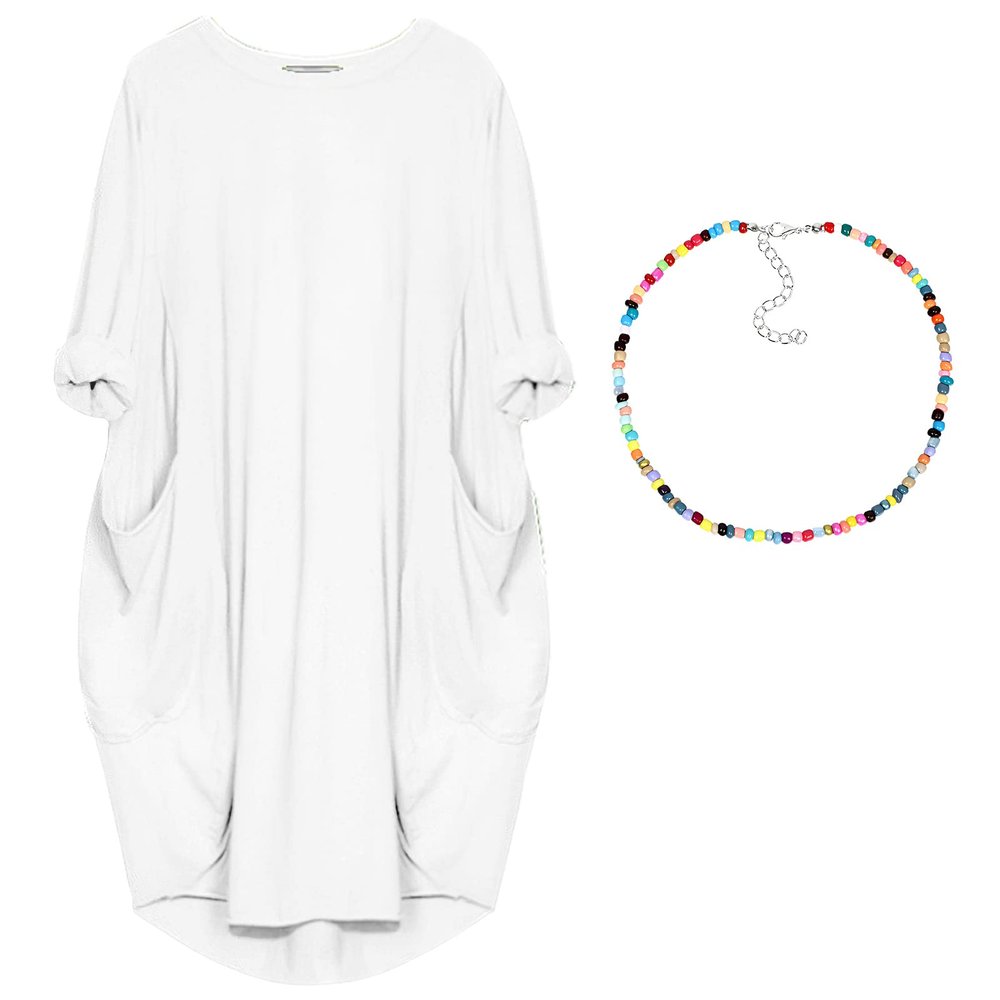 aromm Women Crew Neck T Shirt Dress Loose Casual Plus Size Midi Dress with Pockets White,S