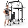 Marcy 3 in 1 Smith Machine Home Gym System with Upper and Lower Dual Cable Crossovers and Adjustable Bench for Full Body Training, Black view 4