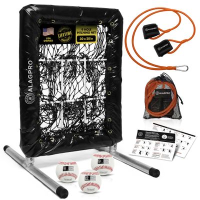 ALAGPRO Pocket Pitching Net 9 Hole Pitching Target Strike Zone for Baseball & Softball Pitchers - Pro Pitching Aid for Improve Accuracy - Included Resistance Band + 3 Weighted Practice Balls