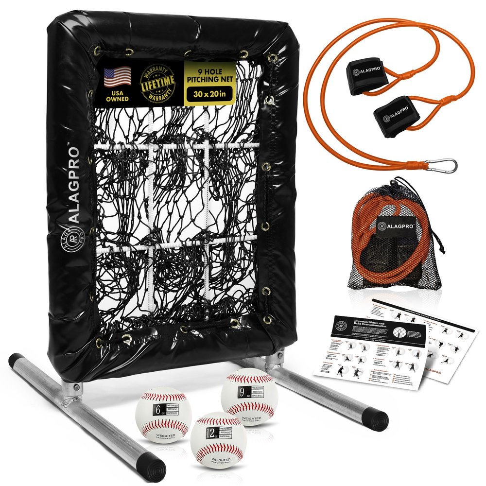 ALAGPRO Pocket Pitching Net 9 Hole Pitching Target Strike Zone for Baseball & Softball Pitchers - Pro Pitching Aid for Improve Accuracy - Included Resistance Band + 3 Weighted Practice Balls