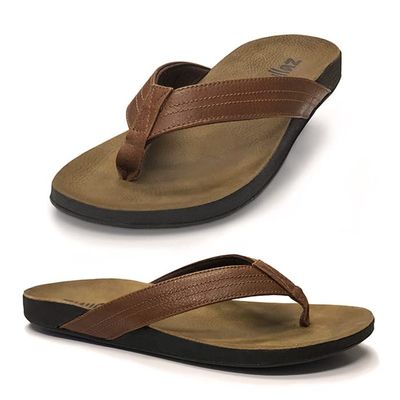 Zullaz - Byron Orthotic Flip Flops for Men, Stylish & Comfortable Orthopedic Sandals with Biomechanical Arch Support Genuine Leather Strap (Tan - Size 8)