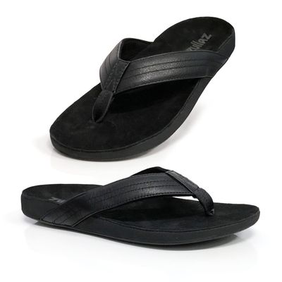 Zullaz - Byron Orthotic Flip Flops for Men, Stylish & Comfortable Orthopedic Sandals with Biomechanical Arch Support Genuine Leather Strap (Black - Size 8)