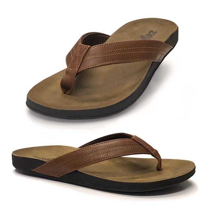 Zullaz - Byron Orthotic Flip Flops for Men, Stylish & Comfortable Orthopedic Sandals with Biomechanical Arch Support Genuine Leather Strap (Tan - Size 13)
