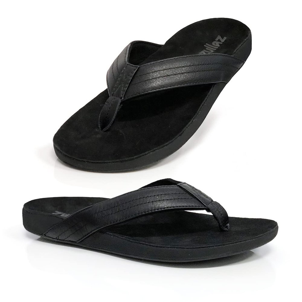 Zullaz - Byron Orthotic Flip Flops for Men, Stylish & Comfortable Orthopedic Sandals with Biomechanical Arch Support Genuine Leather Strap (Black - Size 13)