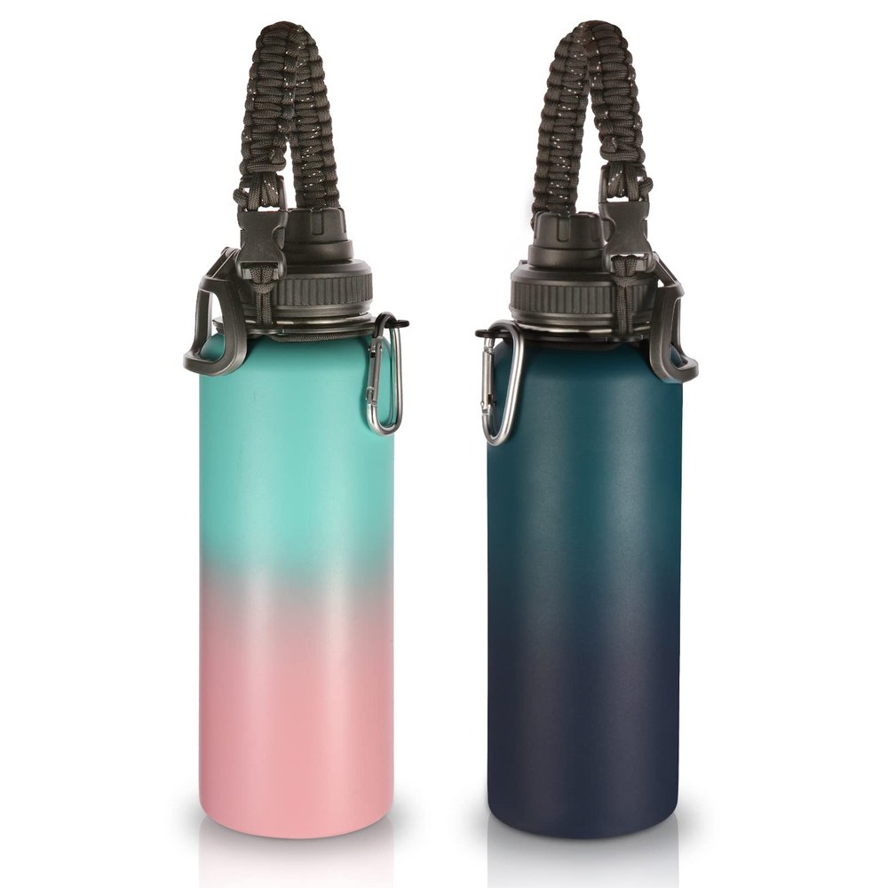 Volhoply Insulated Water Bottles Bulk 2 Pack, 40 oz Stainless Steel Sports Bottle with Paracord Handle & Spout Lid,Double Walled Water Cups with Wide Mouth, Reusable Big Water jug(Assorted,2 Set)