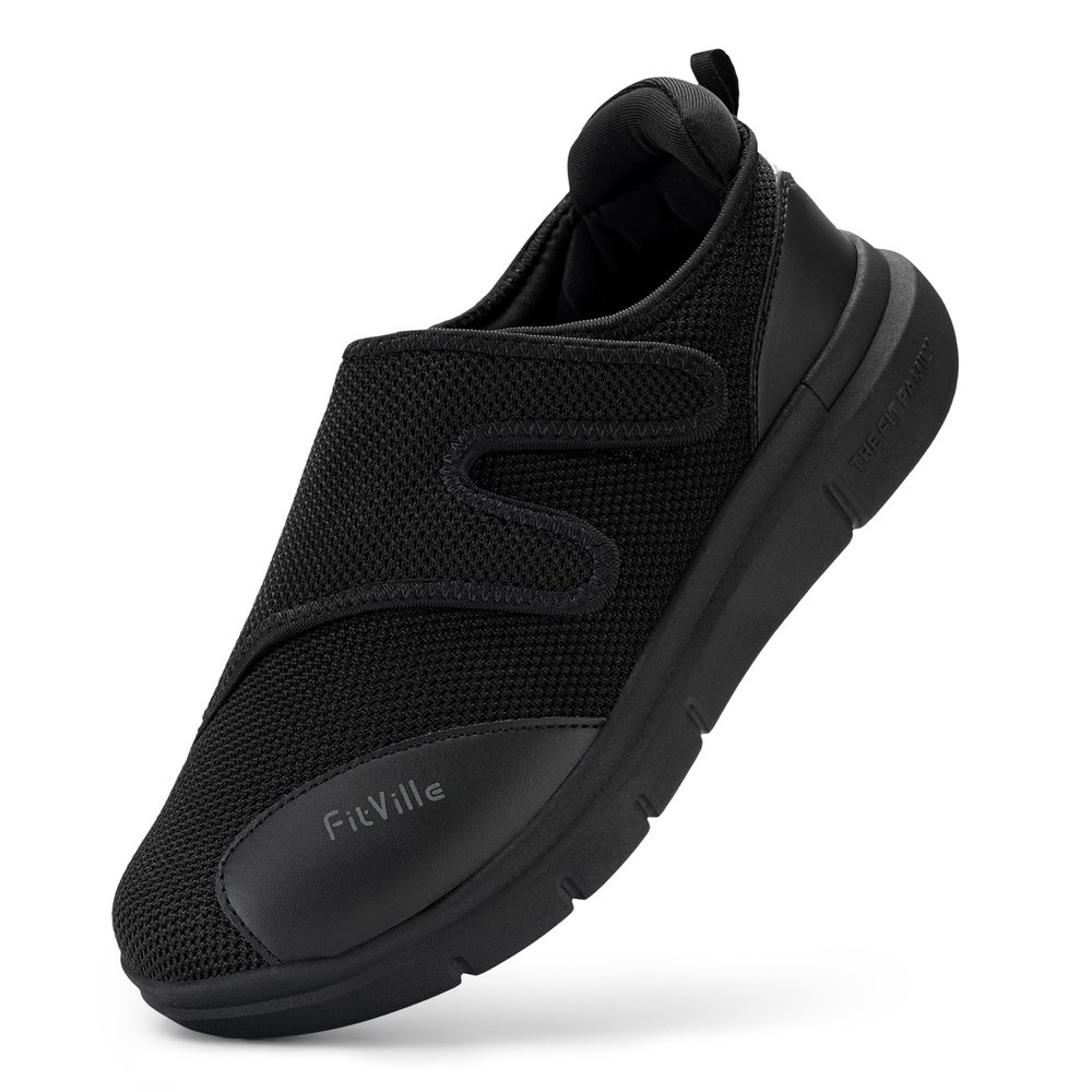 FitVille Diabetic Shoes for Men Extra Wide Width Orthopedic Slip-on Shoes Adjustable Closure Walking Sneakers with Arch Support Cushioning Therapeutic for Swollen Feet (11 X-Wide, Black)