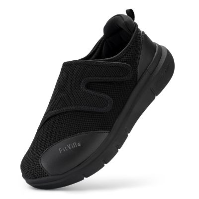 FitVille Diabetic Shoes for Men Extra Wide Width Orthopedic Slip-on Shoes Adjustable Closure Walking Sneakers with Arch Support Cushioning Therapeutic for Swollen Feet (13 Wide, Black)