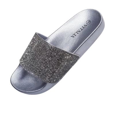 7K Women Slide Sandals, Soft Band with Jewelry (9, SILVER, numeric_9)