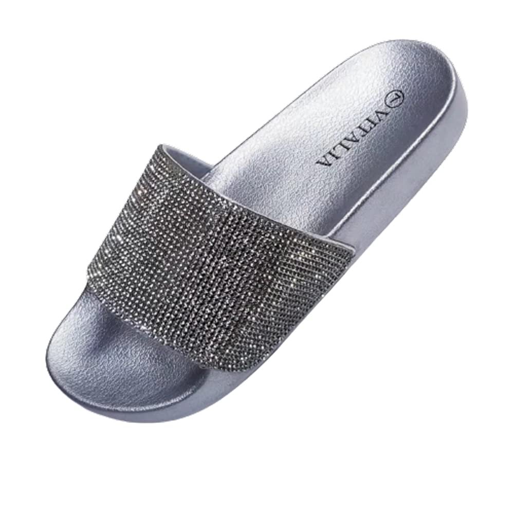 7K Women Slide Sandals, Soft Band with Jewelry (9, SILVER, numeric_9)