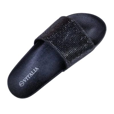 7K Women Slide Sandals, Soft Band with Jewelry (5, BLACK, numeric_5)