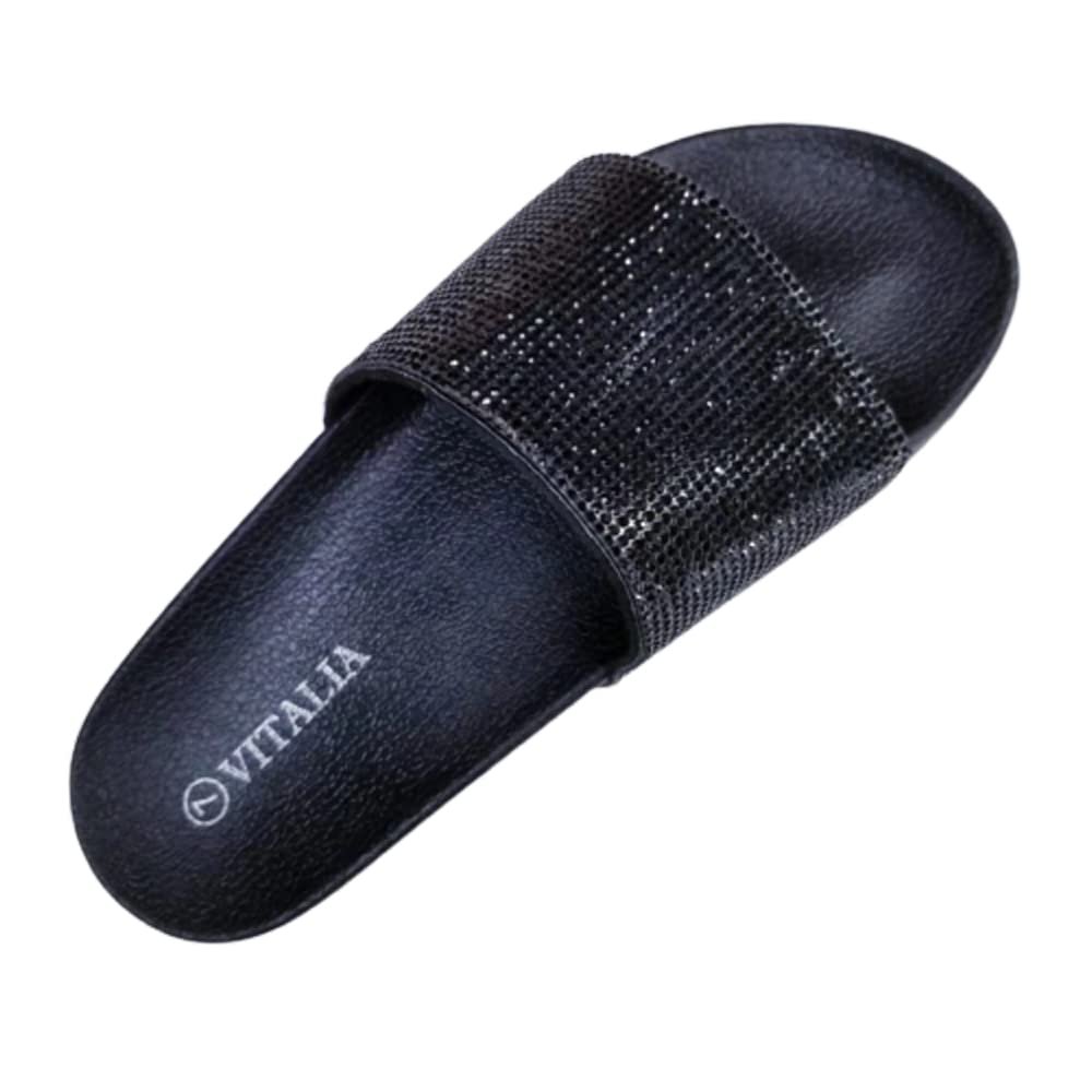 7K Women Slide Sandals, Soft Band with Jewelry (5, BLACK, numeric_5)