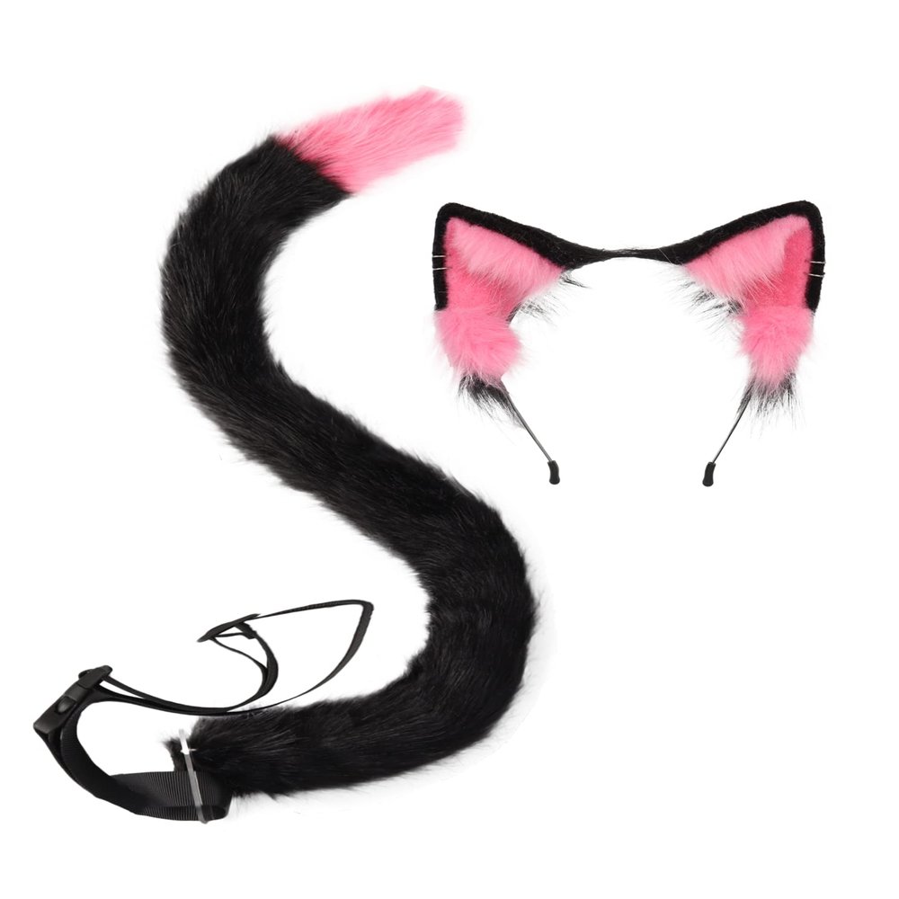 QinRuan Animal Cosplay Costume Accessories Furry Faux Fur Cat Ears Headband and Fox Tail Set Halloween Accessory