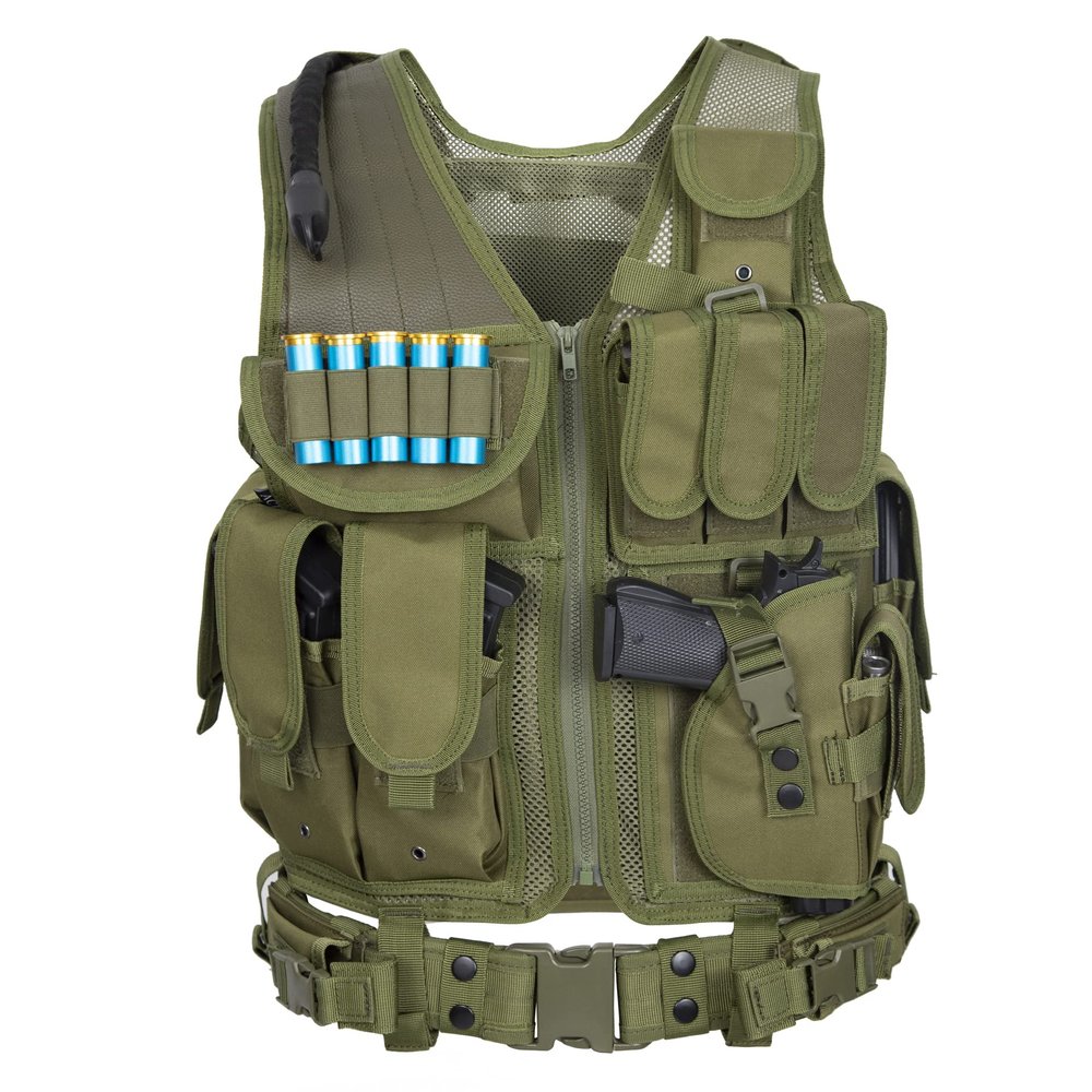 ACTJ.M Green Tactical Vest Combat with Holster for Men Training Breathable Detachable Pouches