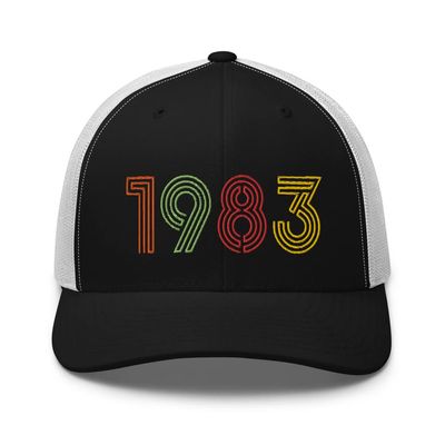 1983 42nd Birthday Embroidered Unisex Retro Trucker Hat, 42 Year Old Bday Cap Gift Black/White
