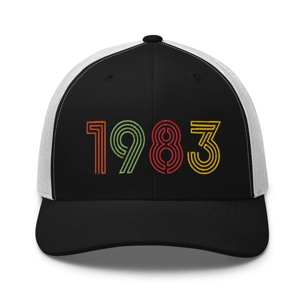 1983 42nd Birthday Embroidered Unisex Retro Trucker Hat, 42 Year Old Bday Cap Gift Black/White