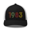 1983 42nd Birthday Embroidered Unisex Retro Trucker Hat, 42 Year Old Bday Cap Gift Black/White view 1