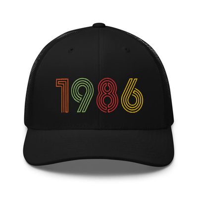 1986 39th Birthday Embroidered Unisex Retro Trucker Hat, 39 Year Old Bday Cap Gift Black