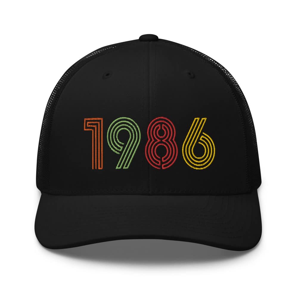 1986 39th Birthday Embroidered Unisex Retro Trucker Hat, 39 Year Old Bday Cap Gift Black