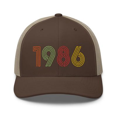 1986 39th Birthday Embroidered Unisex Retro Trucker Hat, 39 Year Old Bday Cap Gift Brown/Khaki