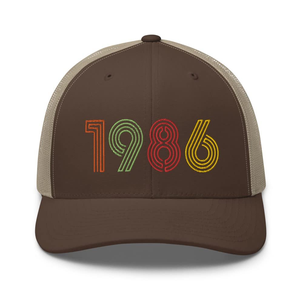 1986 39th Birthday Embroidered Unisex Retro Trucker Hat, 39 Year Old Bday Cap Gift Brown/Khaki