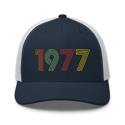 1977 49th Birthday Embroidered Unisex Retro Trucker Hat, 49 Year Old Bday Cap Gift Navy/White