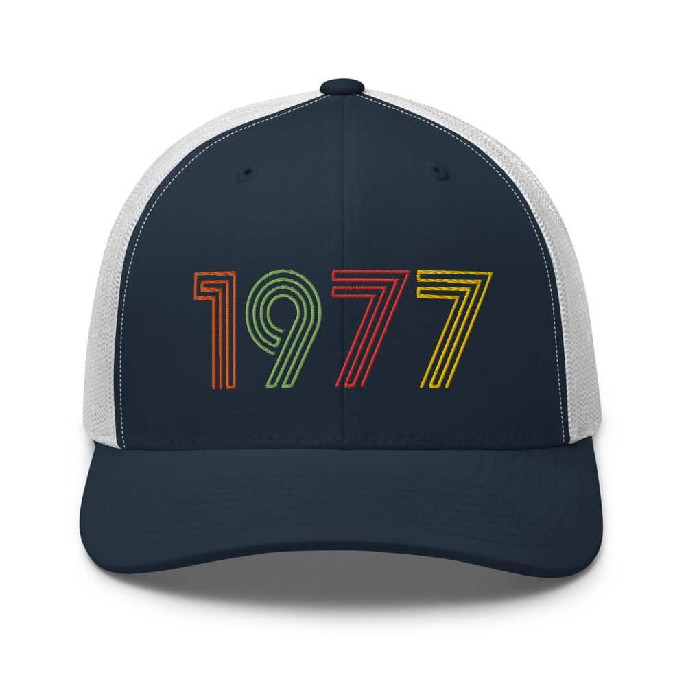 1977 49th Birthday Embroidered Unisex Retro Trucker Hat, 49 Year Old Bday Cap Gift Navy/White