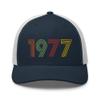 1977 49th Birthday Embroidered Unisex Retro Trucker Hat, 49 Year Old Bday Cap Gift Navy/White view 1