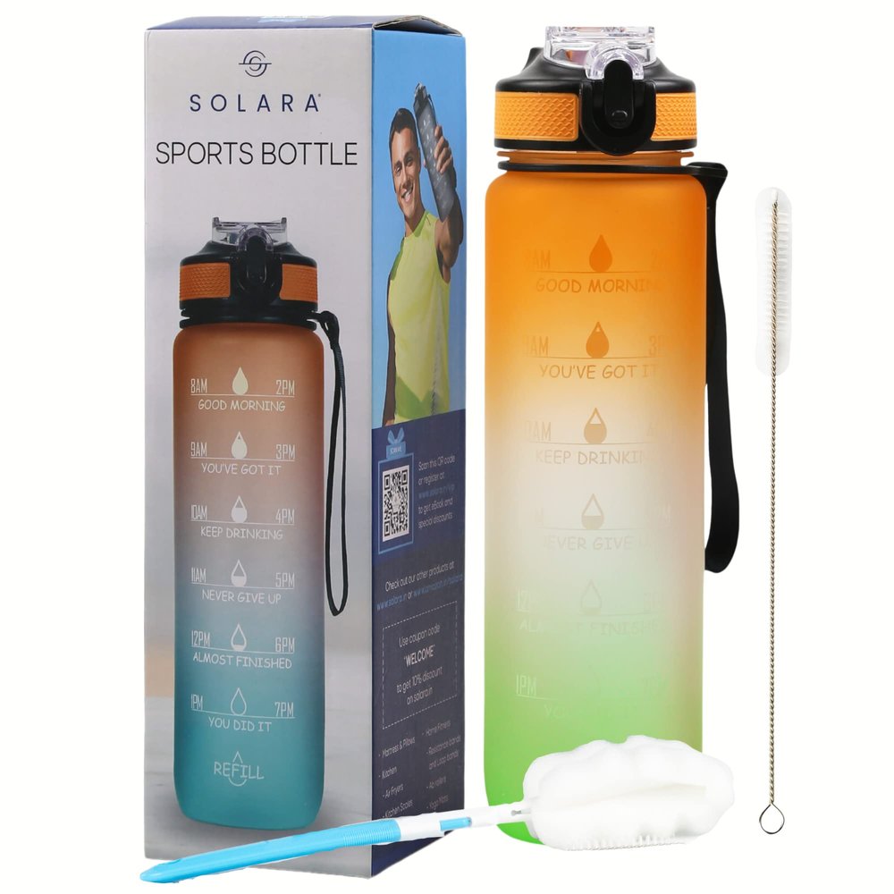 SOLARA Tritan Unbreakable Water Bottle with Motivational Time Marker | Leakproof Durable BPA-Free Non-Toxic Water Bottle | Detoxing eBook Included | 1 Liters | National Flag