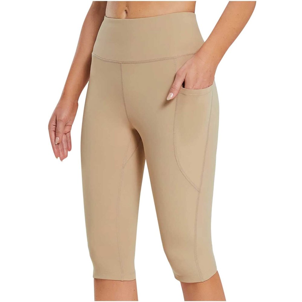 tuduoms Women's Long Biker Yoga Shorts High Waisted Tummy Control Compression Shorts Athletic Workout Running Shorts Pockets Khaki