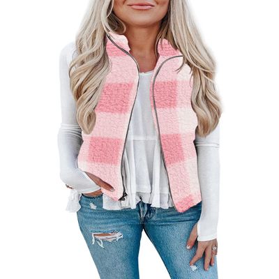 LOMON Women's Plaid Vest Zip Up Winter Fleece Vest Sleeveless Open Front Outerwear with Pockets Pink Plaid XL