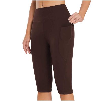 tuduoms Women's Long Biker Yoga Shorts High Waisted Tummy Control Compression Shorts Athletic Workout Running Shorts Pockets Brown