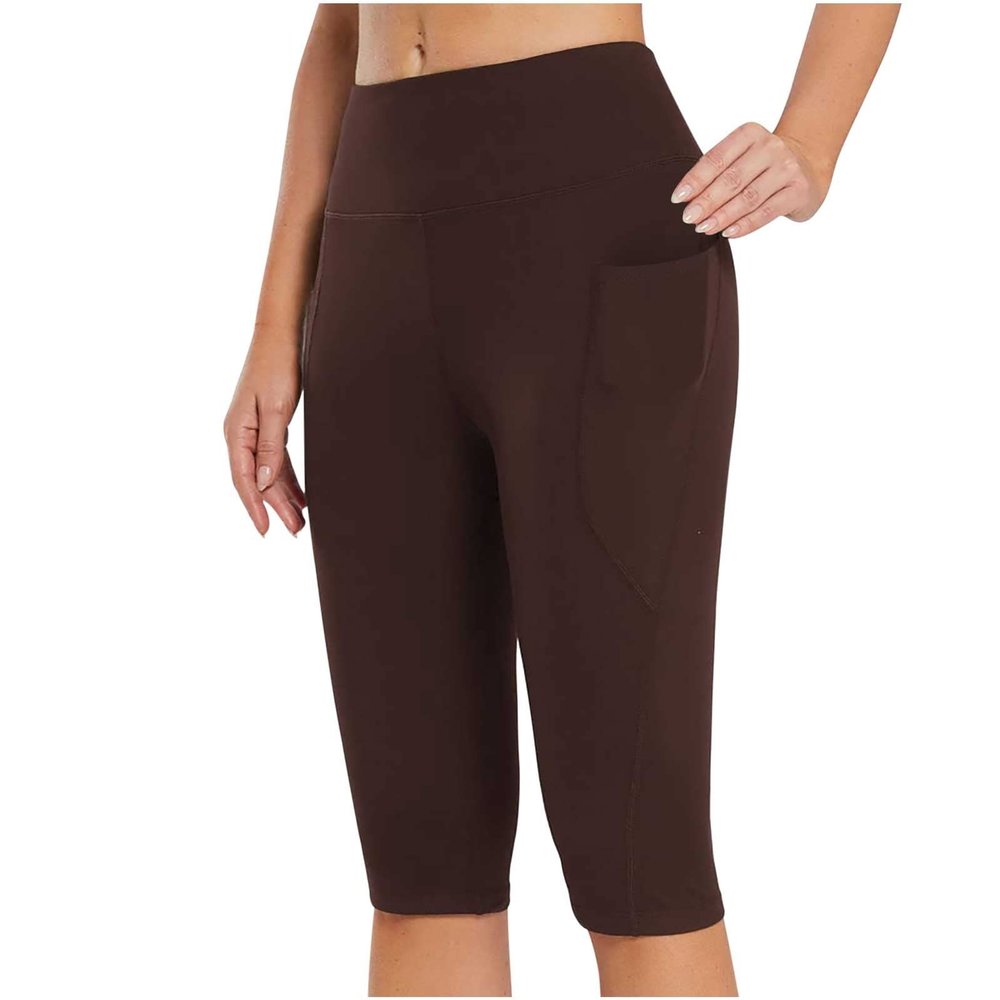 tuduoms Women's Long Biker Yoga Shorts High Waisted Tummy Control Compression Shorts Athletic Workout Running Shorts Pockets Brown