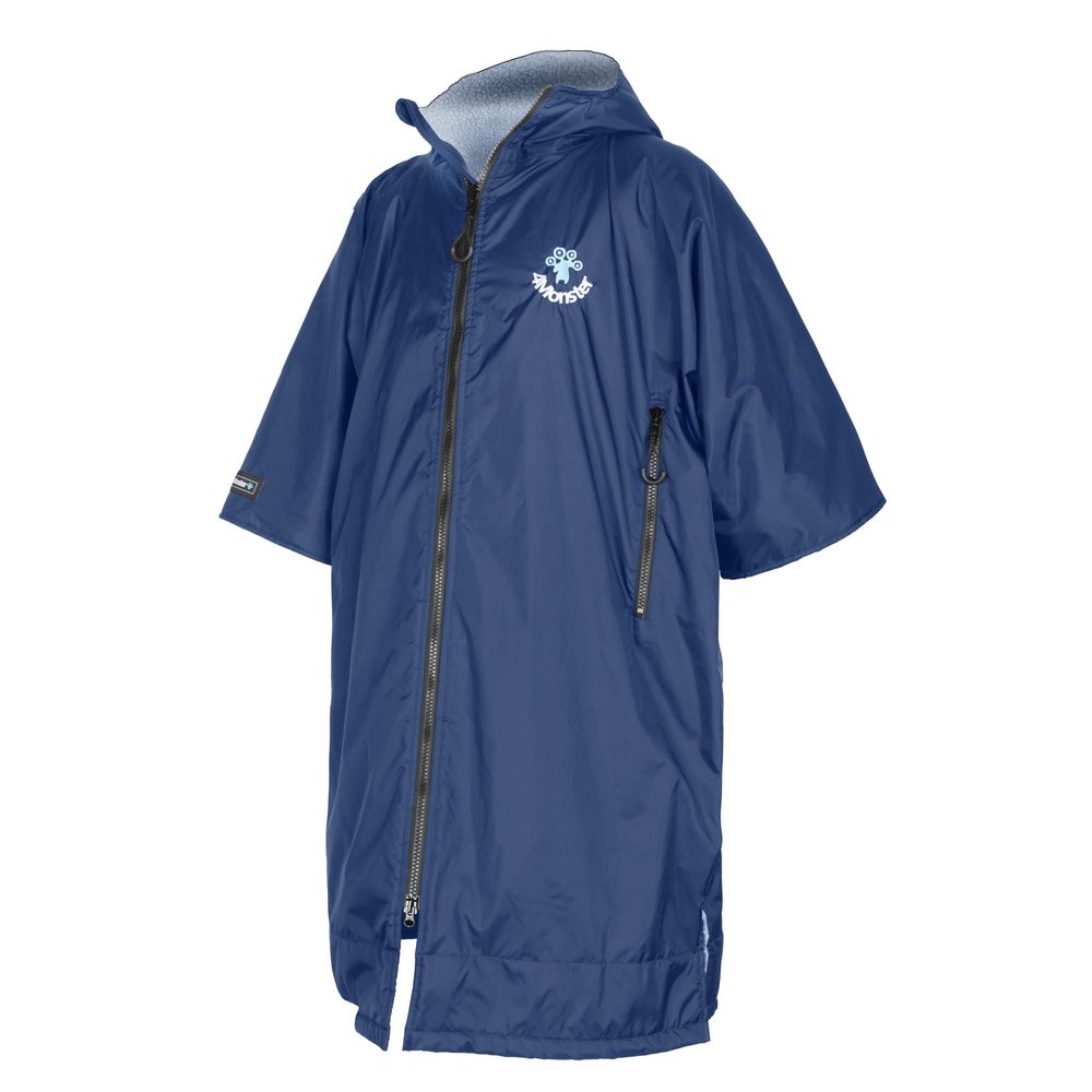 4MonsterSwim Parka with Hood,Quick-Dry Wetsuit Changing Robe Waterproof,Warm Coat Surf Poncho for Water Sport, Beach&Pool (Short Sleeve Navy, Medium)