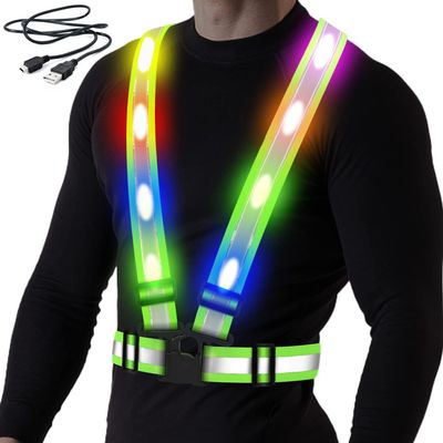 BAOBICUTE LED Reflective Vest, USB Rechargeable Reflective Running Gear with Safety Lights and Adjustable Size Elastic Band Night Vest Gear Accessories for Men Women Kids (Colorful Light)
