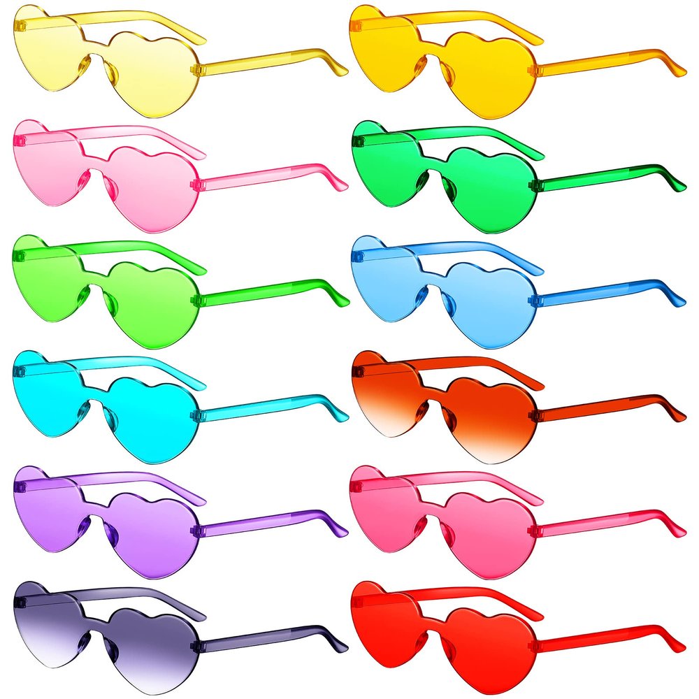 CHENGU 12 Pairs Summer Pool Party Favor Colorful Heart Rimless Sunglasses for Women Transparent Trendy Sunglasses(Bright Colors)