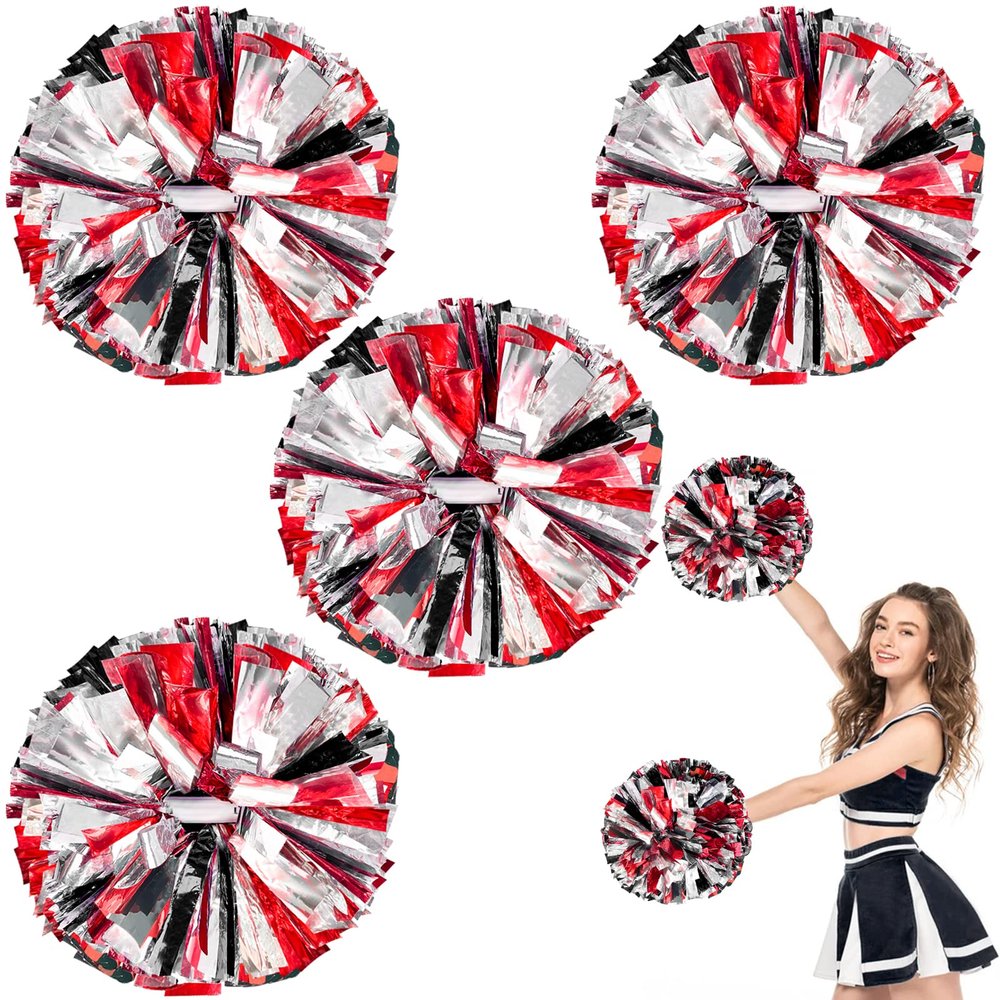 4Pcs Upgraded 12inch Metallic Cheerleading Pom Poms, HOLENGS Cheerleader Pompoms Cheer Poms for Kids Adults, Cheering Squad Pompoms for School Sports Games Dance Party (Black and Red and Sliver)